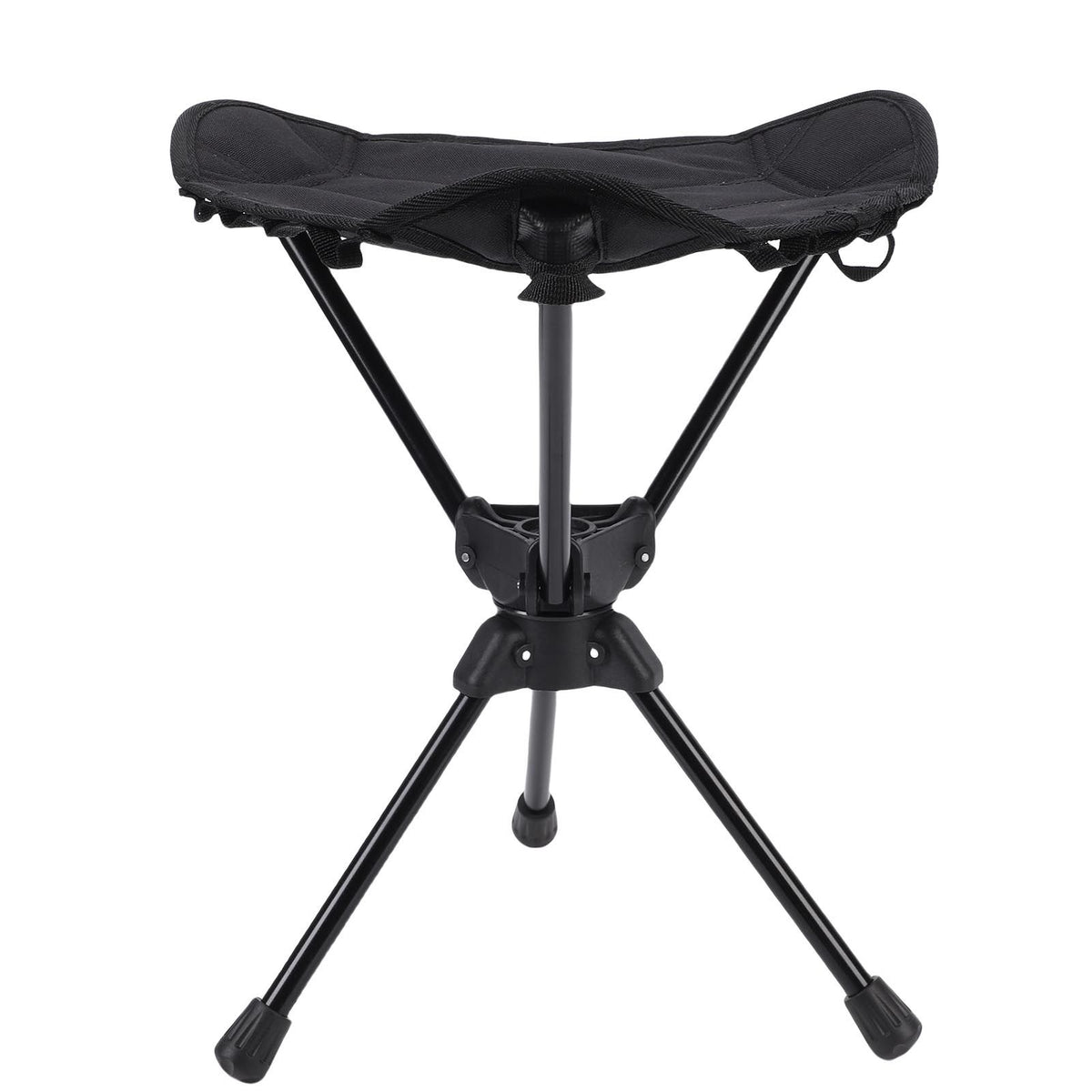 Black folding camping stool with 360-degree rotating seat, lightweight and portable outdoor chair for hiking, fishing, and picnics.
