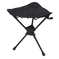 Black folding camping stool with 360-degree rotating seat, lightweight and portable triangular outdoor chair for camping and outdoor activities.