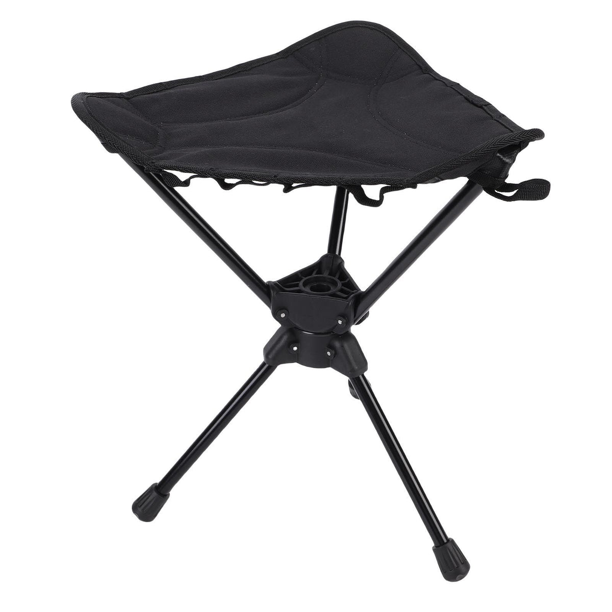 Black folding camping stool with 360-degree rotating seat, lightweight and portable triangular outdoor chair for camping and outdoor activities.