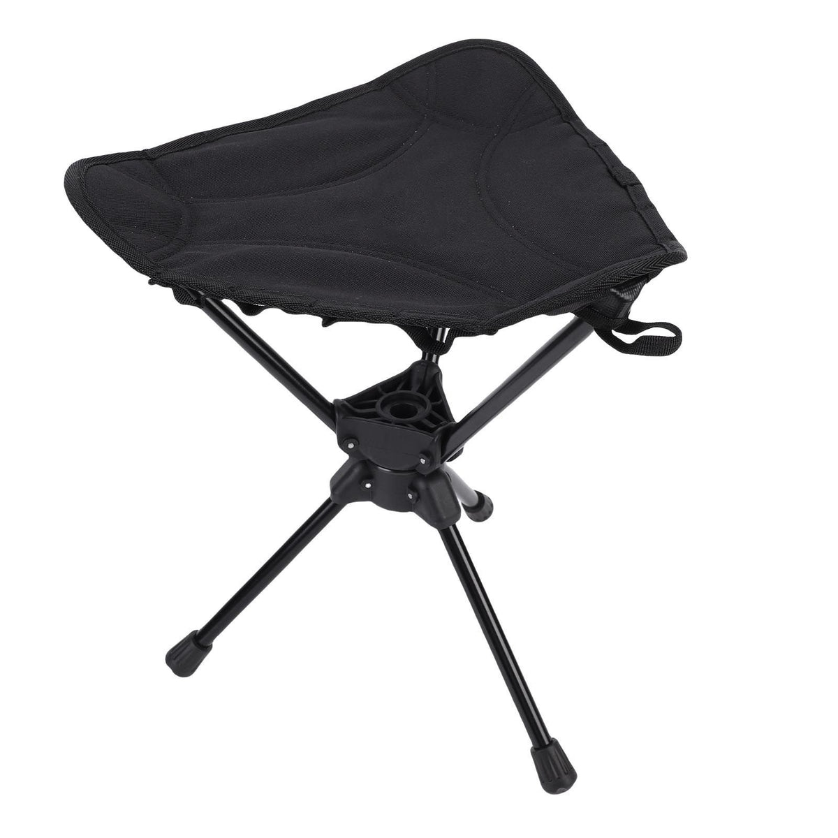 Black folding camping stool with 360-degree rotating seat, lightweight portable outdoor chair for hiking, fishing, and picnics.