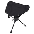 Black folding camping stool with 360-degree rotating seat, lightweight and portable triangular outdoor chair for hiking, fishing, and picnics.