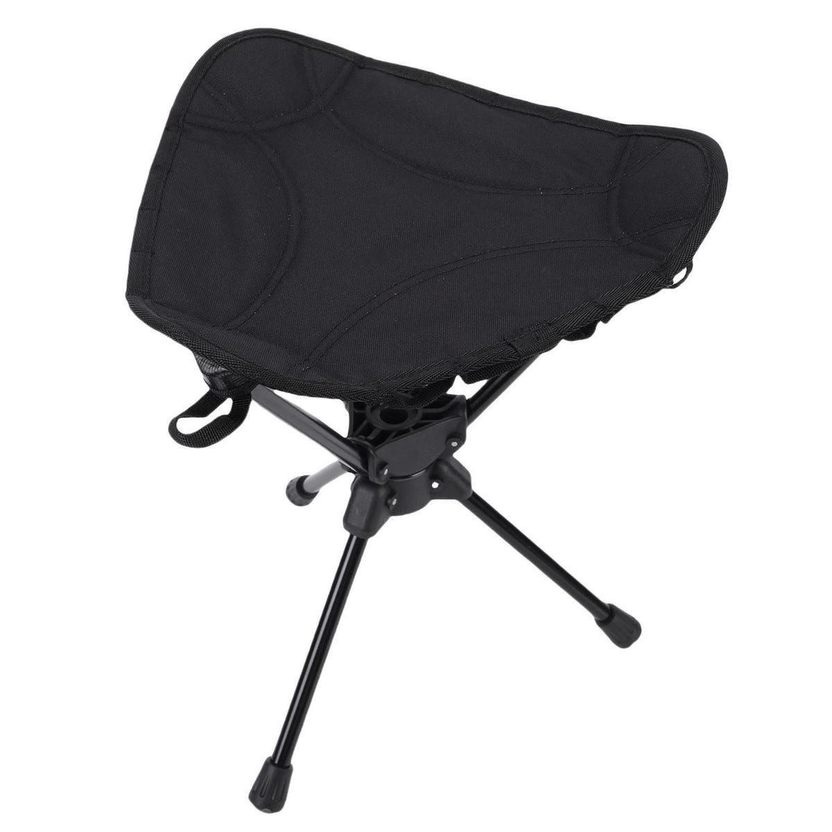 Black folding camping stool with 360-degree rotating seat, lightweight and portable triangular outdoor chair for hiking, fishing, and picnics.