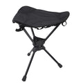Black folding camping stool with 360-degree rotating seat, lightweight triangular design, ideal for hiking, fishing, and outdoor activities.