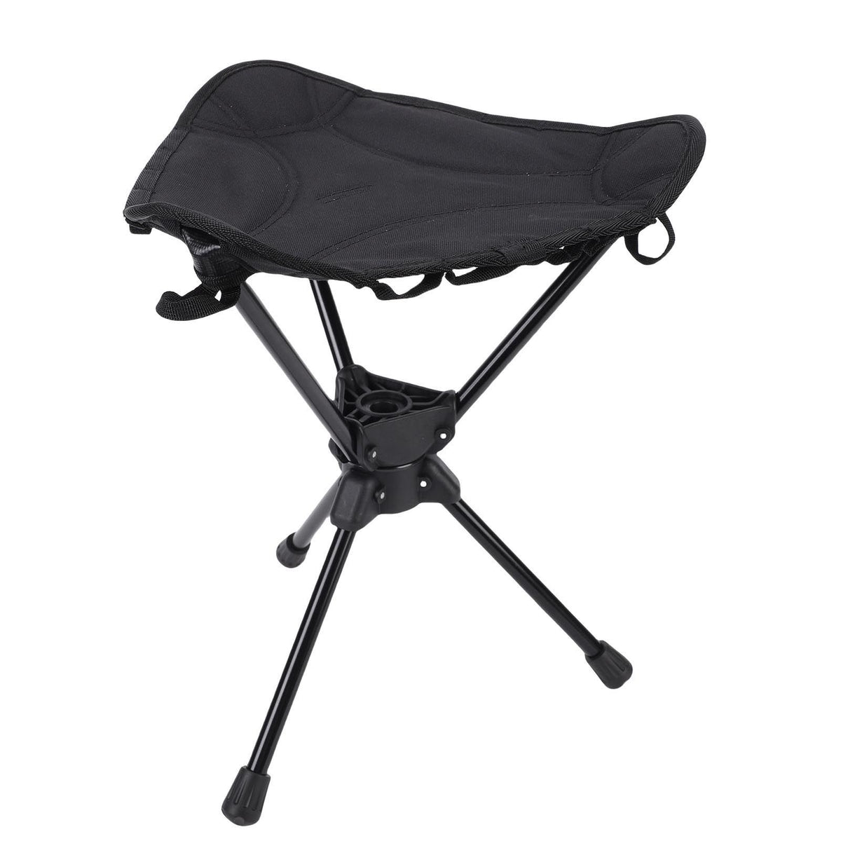 Black folding camping stool with 360-degree rotating seat, lightweight triangular design, ideal for hiking, fishing, and outdoor activities.