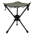 Green folding camping stool with 360-degree rotating seat, lightweight triangle design, ideal for outdoor activities like hiking and fishing.