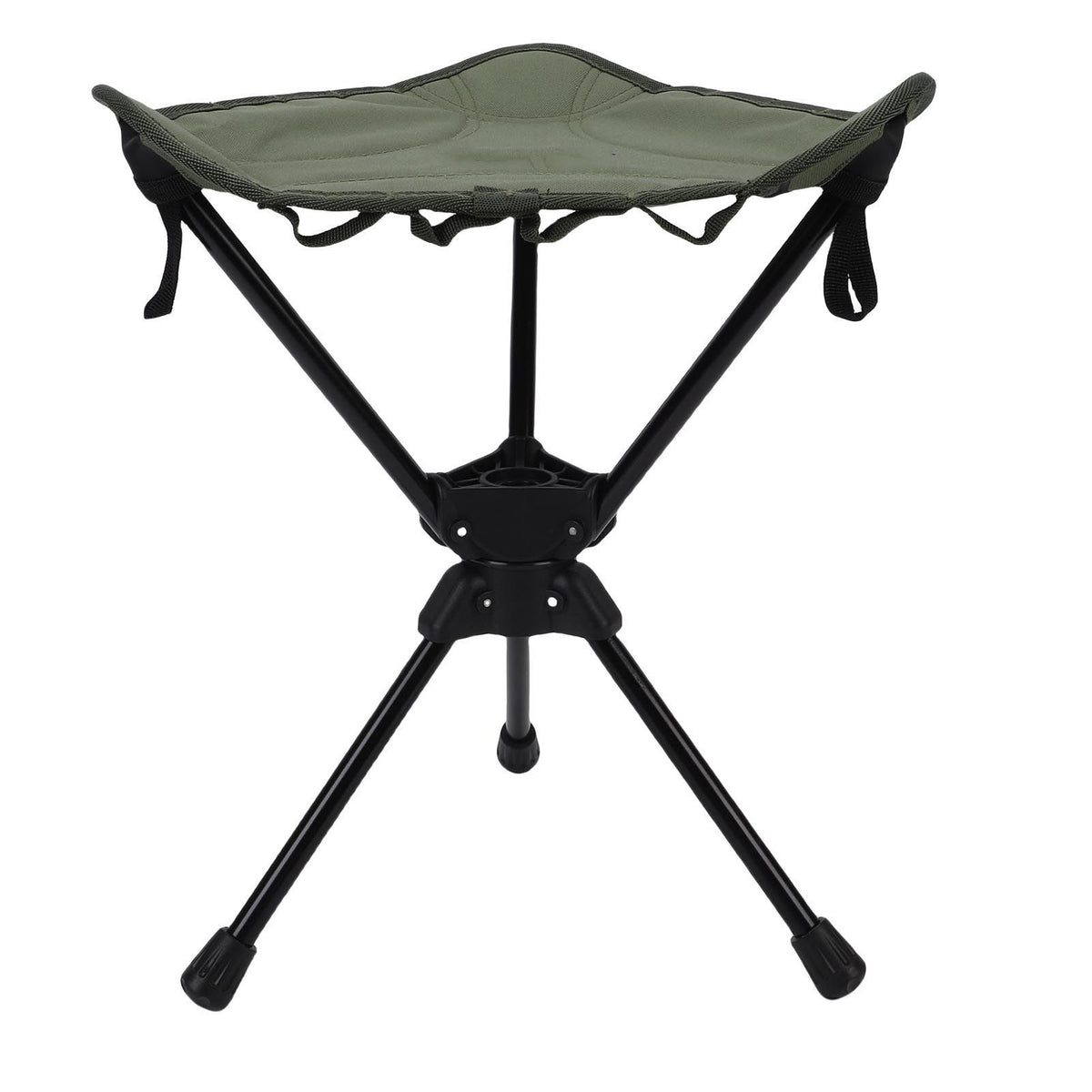 Green folding camping stool with 360-degree rotating seat, lightweight triangle design, ideal for outdoor activities like hiking and fishing.