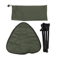 Green folding camping stool with 360-degree rotating seat, lightweight triangular design, ideal for outdoor activities like hiking and fishing.
