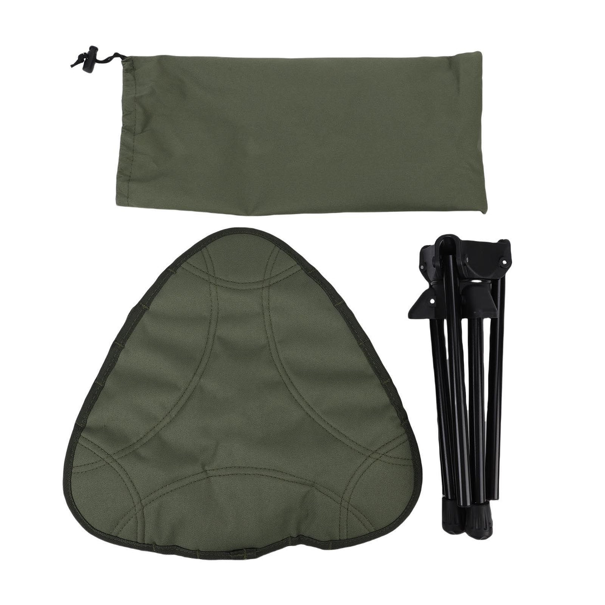 Green folding camping stool with 360-degree rotating seat, lightweight triangular design, ideal for outdoor activities like hiking and fishing.