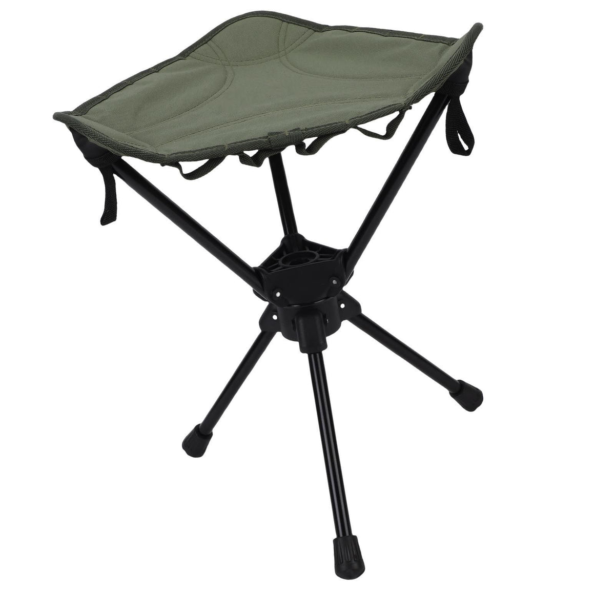 Green folding camping stool with 360-degree rotating seat, lightweight and portable outdoor chair for hiking, fishing, and picnics.