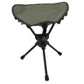 Green folding camping stool with 360-degree rotation, lightweight triangular design, suitable for outdoor activities like hiking and fishing.
