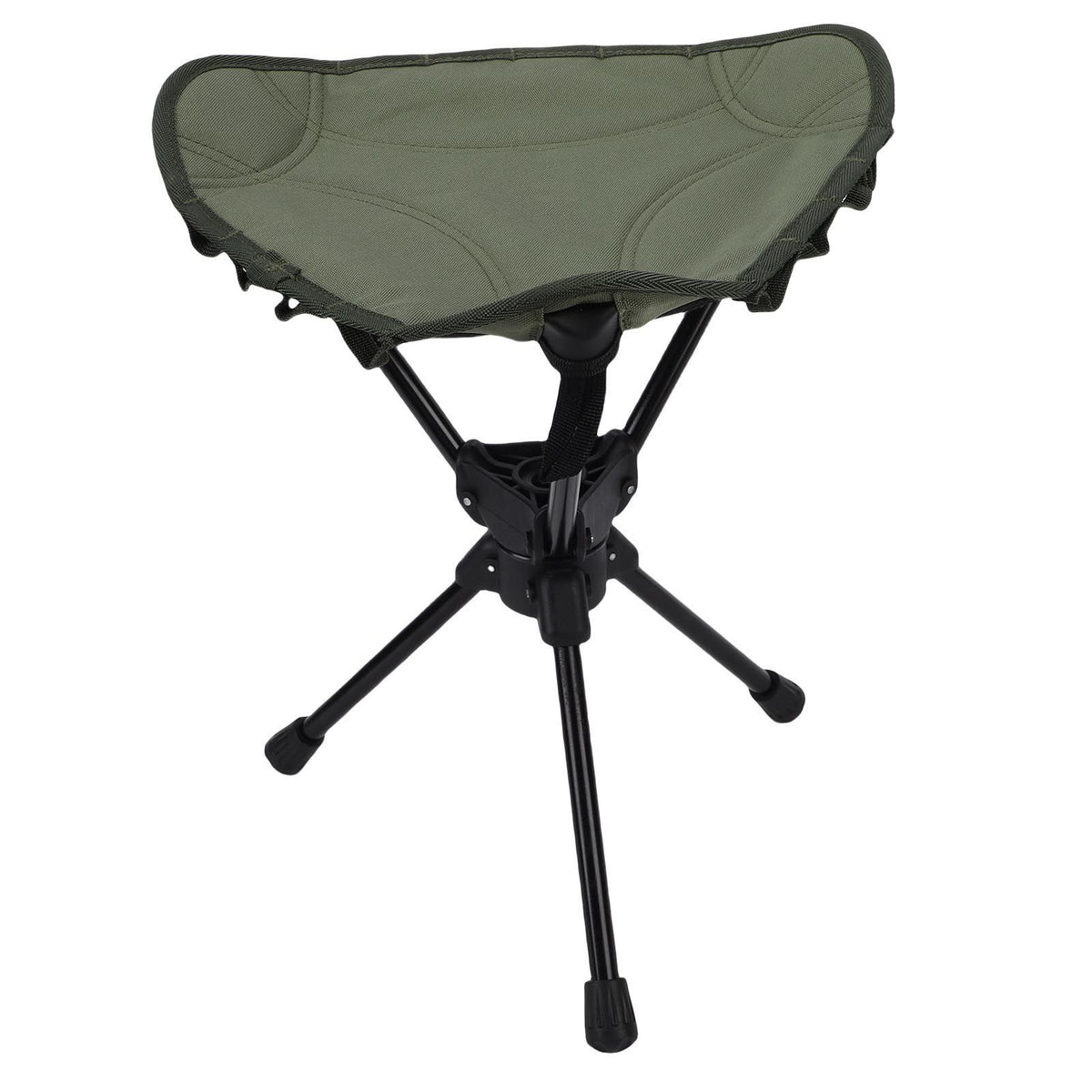 Green folding camping stool with 360-degree rotation, lightweight triangular design, suitable for outdoor activities like hiking and fishing.