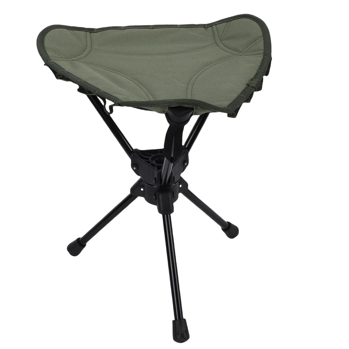 Green folding camping stool with 360-degree rotating seat, lightweight triangular design, suitable for outdoor activities and picnics.