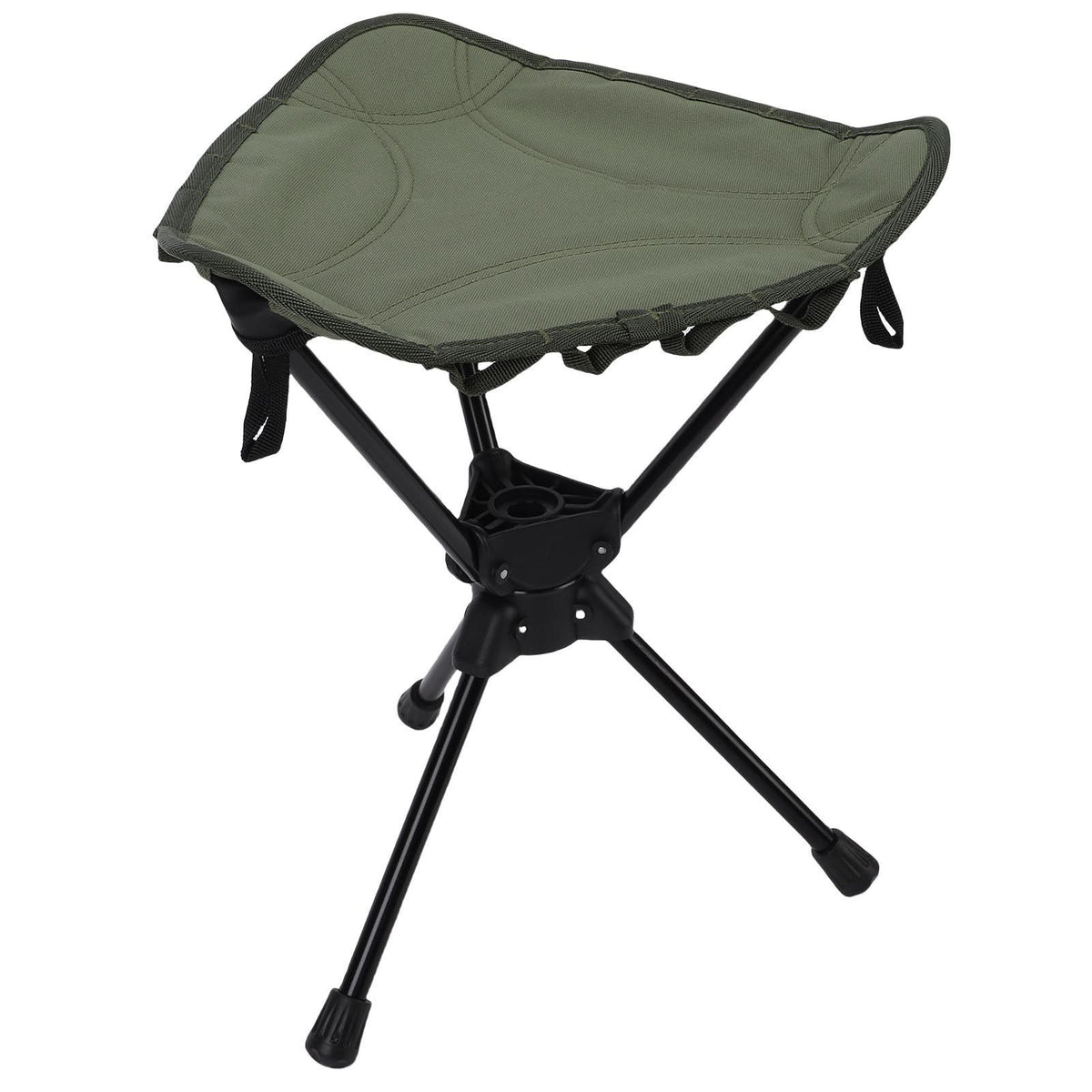 Lightweight green folding camping stool with 360-degree rotating seat, portable triangle design for outdoor hiking and fishing use