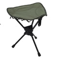 Green folding camping stool with 360-degree rotating seat, lightweight triangular design, suitable for outdoor hiking, fishing, and picnics.