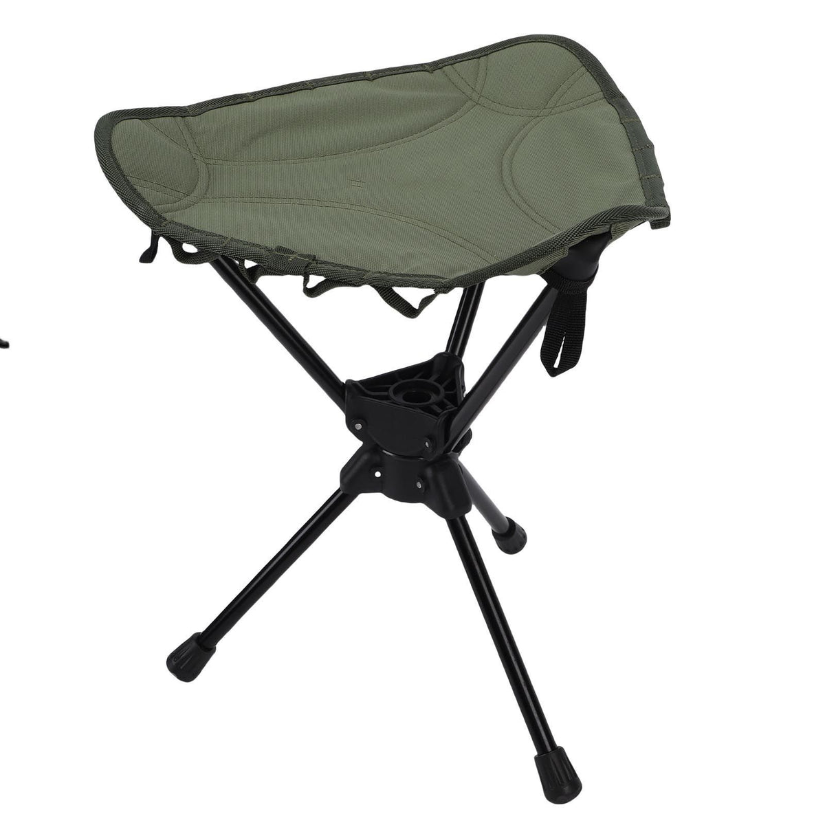 Green folding camping stool with 360-degree rotating seat, lightweight triangular design, suitable for outdoor hiking, fishing, and picnics.