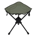 Green folding camping stool with 360-degree rotating seat, lightweight triangular design, ideal for outdoor activities and portability.