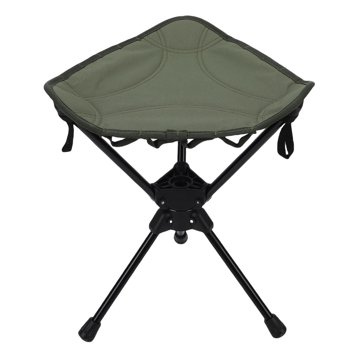 Green folding camping stool with 360-degree rotating seat, lightweight triangular design, ideal for outdoor activities and portability.