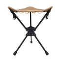 Lightweight khaki folding camping stool with 360-degree rotation, portable triangular design, ideal for outdoor activities and camping.
