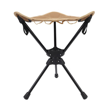 Lightweight khaki folding camping stool with 360-degree rotation, portable triangular design, ideal for outdoor activities and camping.