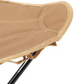 Lightweight khaki folding camping stool with 360-degree rotating seat, portable triangular design, suitable for outdoor activities.