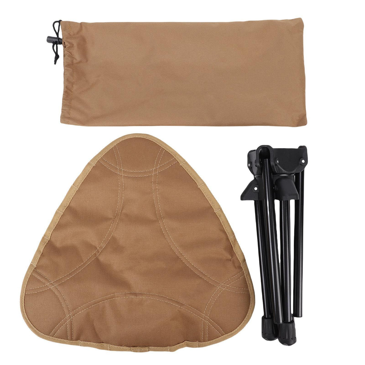 Lightweight khaki folding camping stool with 360-degree rotating seat, portable triangular design, suitable for outdoor activities.