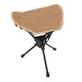 Lightweight khaki folding camping stool with 360-degree rotating seat, portable triangular design for outdoor activities like hiking and fishing.
