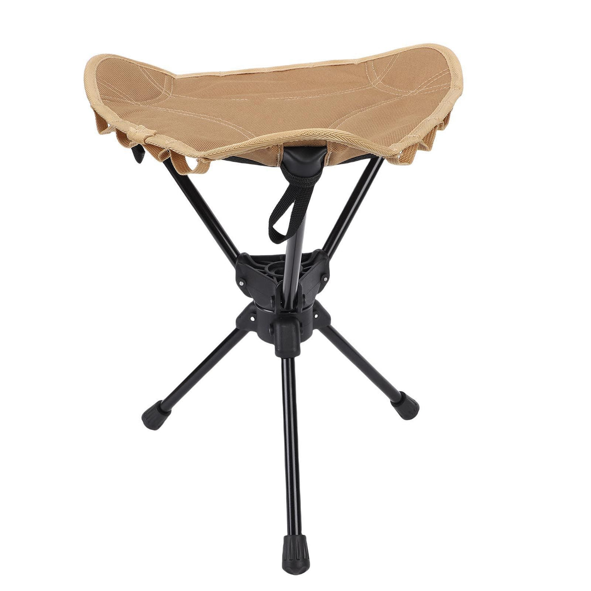 Lightweight khaki folding camping stool with 360-degree rotating seat, portable triangular outdoor chair for hiking and picnics.
