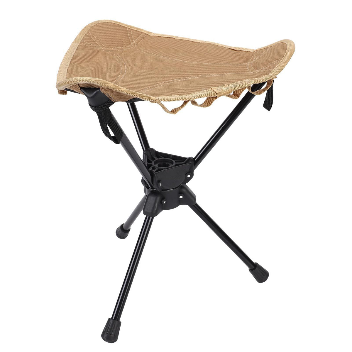 Lightweight khaki folding camping stool with 360-degree rotating seat, portable triangular outdoor chair for hiking, fishing, and picnics