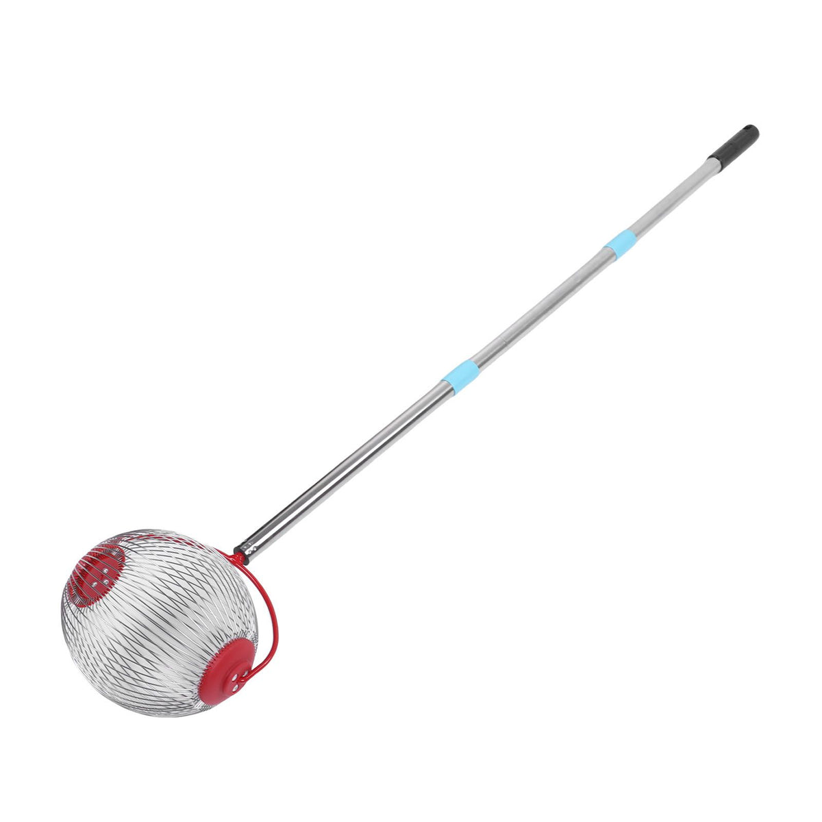 Stainless steel rolling nut gatherer with 44.7-inch adjustable sections, for collecting acorns, pecans, and walnuts outdoors.