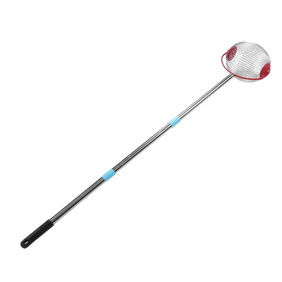 Stainless steel rolling nut gatherer with 44.7-inch extendable sections, ideal for collecting pecans and walnuts outdoors.
