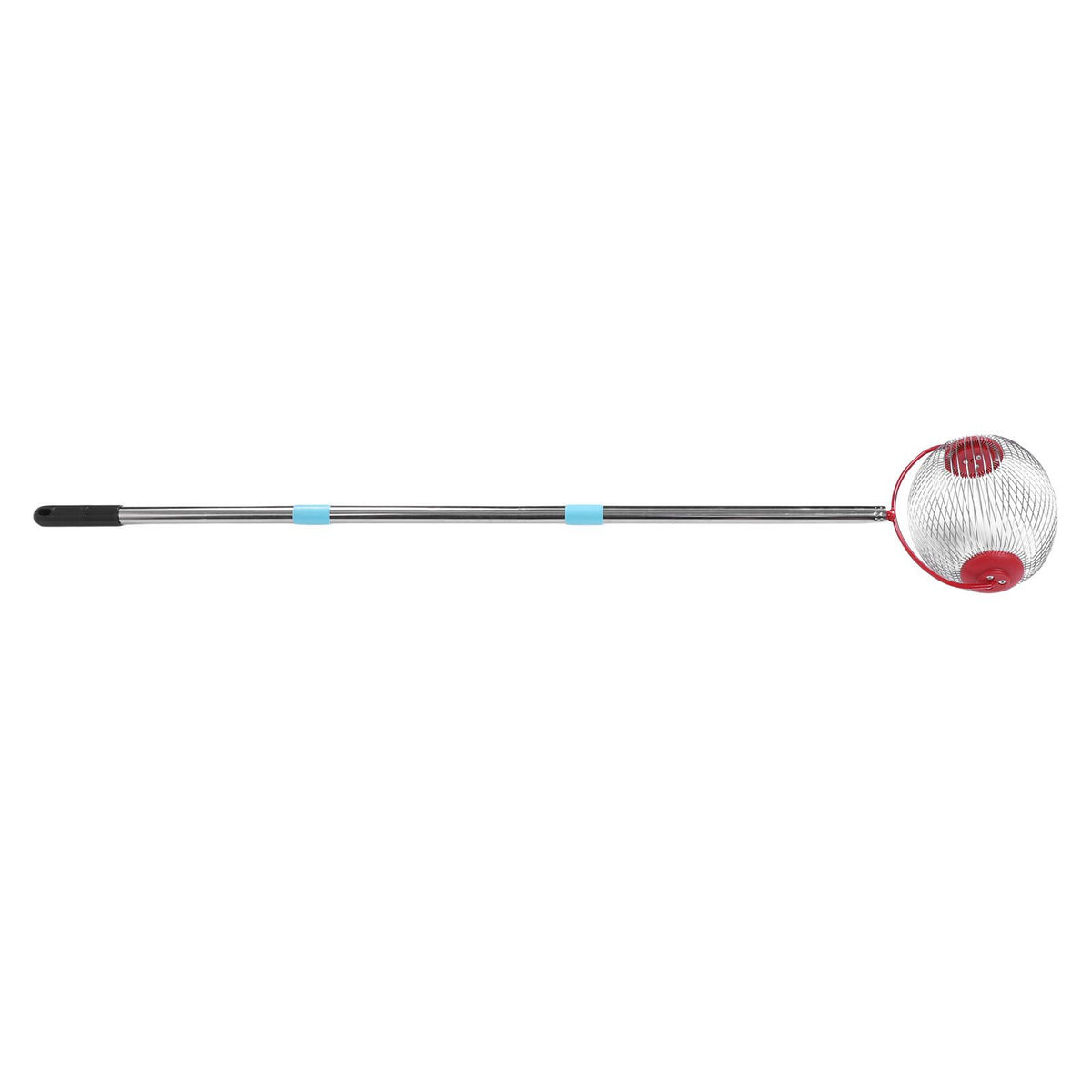 Stainless steel rolling nut gatherer with 44.7-inch handle for collecting pecans and walnuts outdoors, designed for outdoor use.