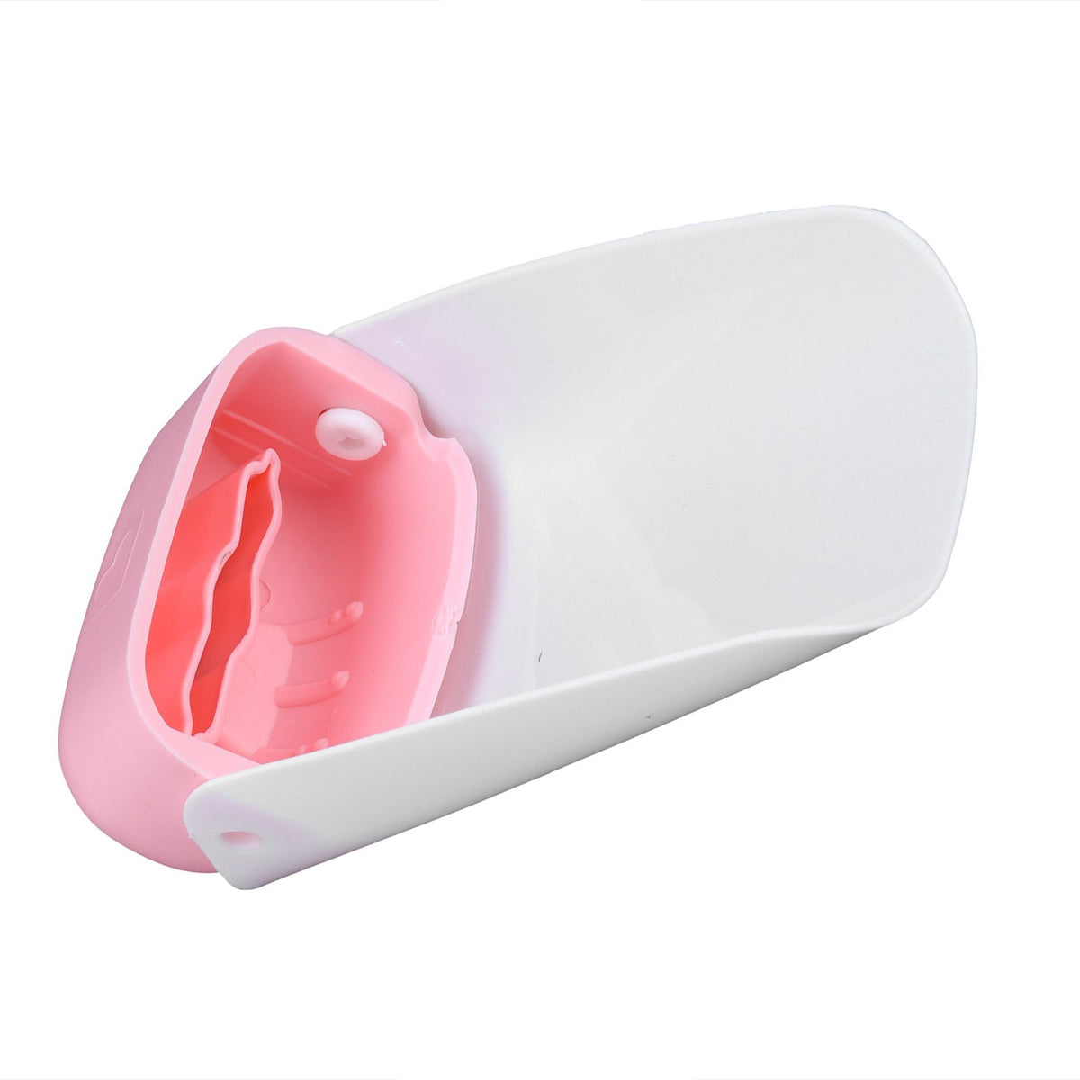 Pink portable faucet extender for toddlers, baby hand washing sink extension spout designed for kids' outdoor play.