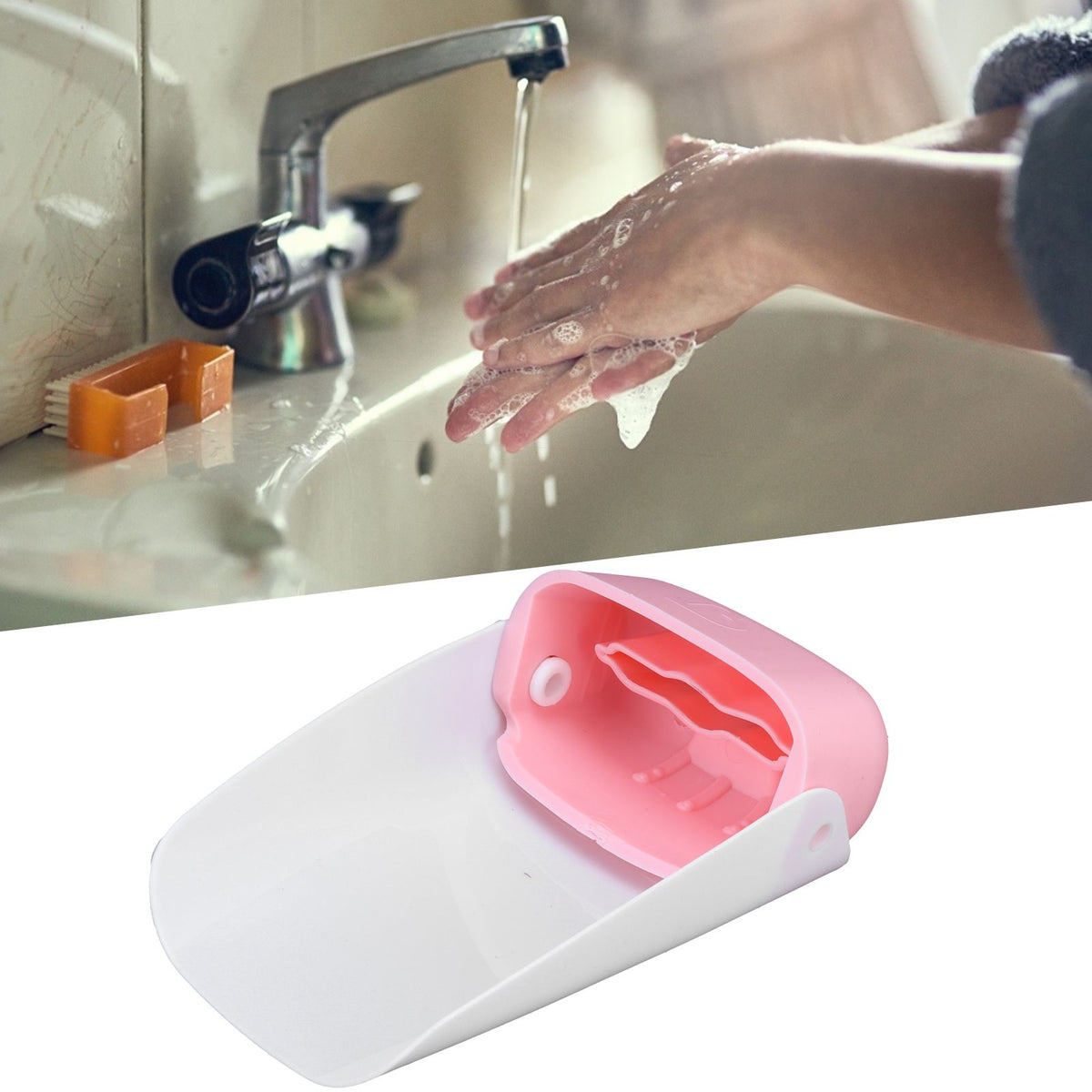 Pink portable faucet extender for toddlers, flexible sink extension spout for easy hand washing for babies and kids.