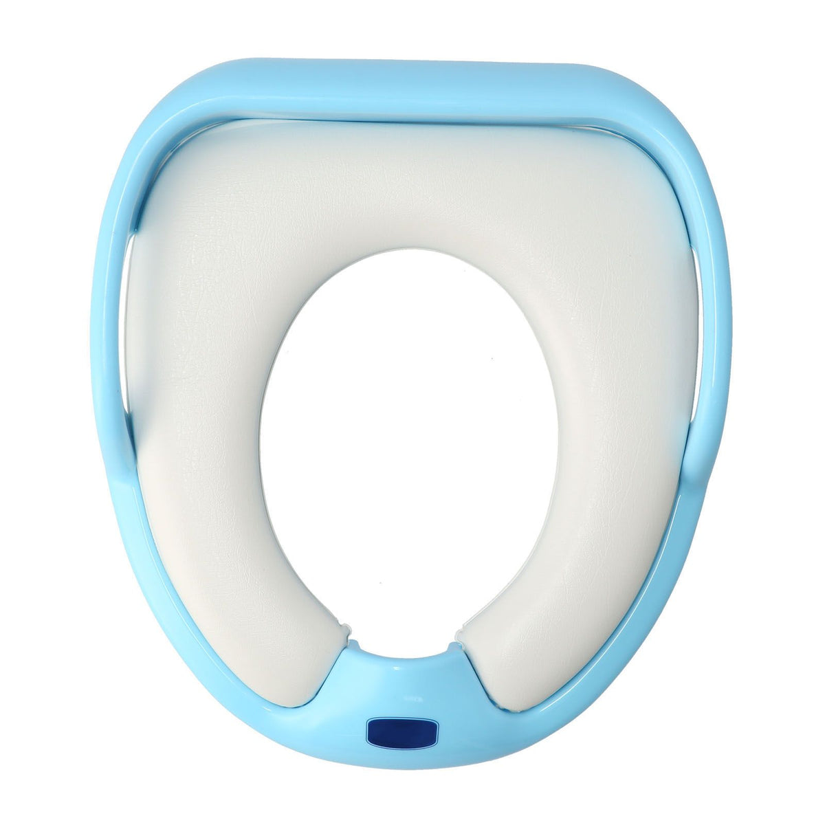 Children's soft training potty seat with cushioned seat and handles, designed for easy and comfortable toilet training for babies.