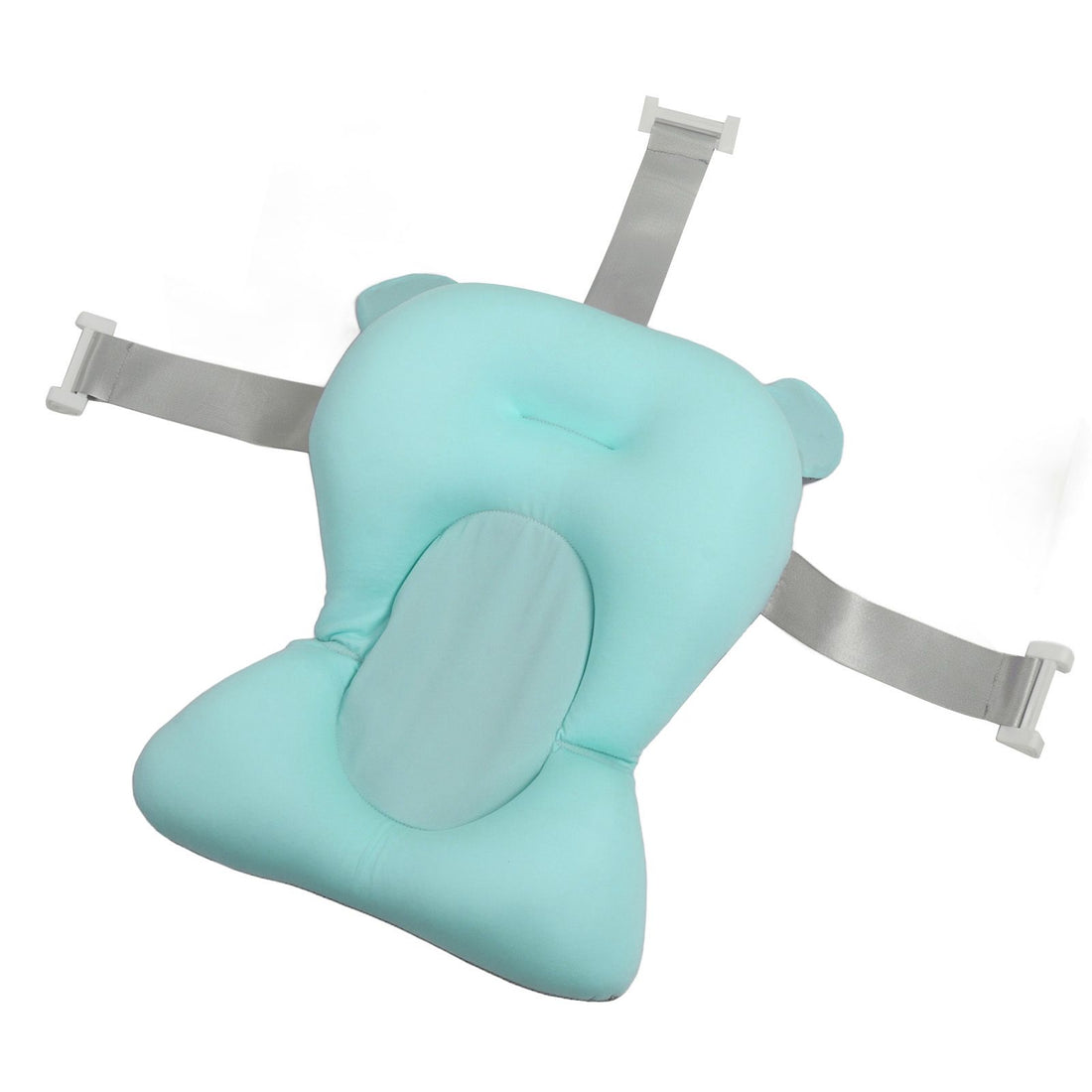 Blue baby bath seat support mat with soft pillow for newborns and toddlers, provides comfortable, safe bathing in a plastic tub.