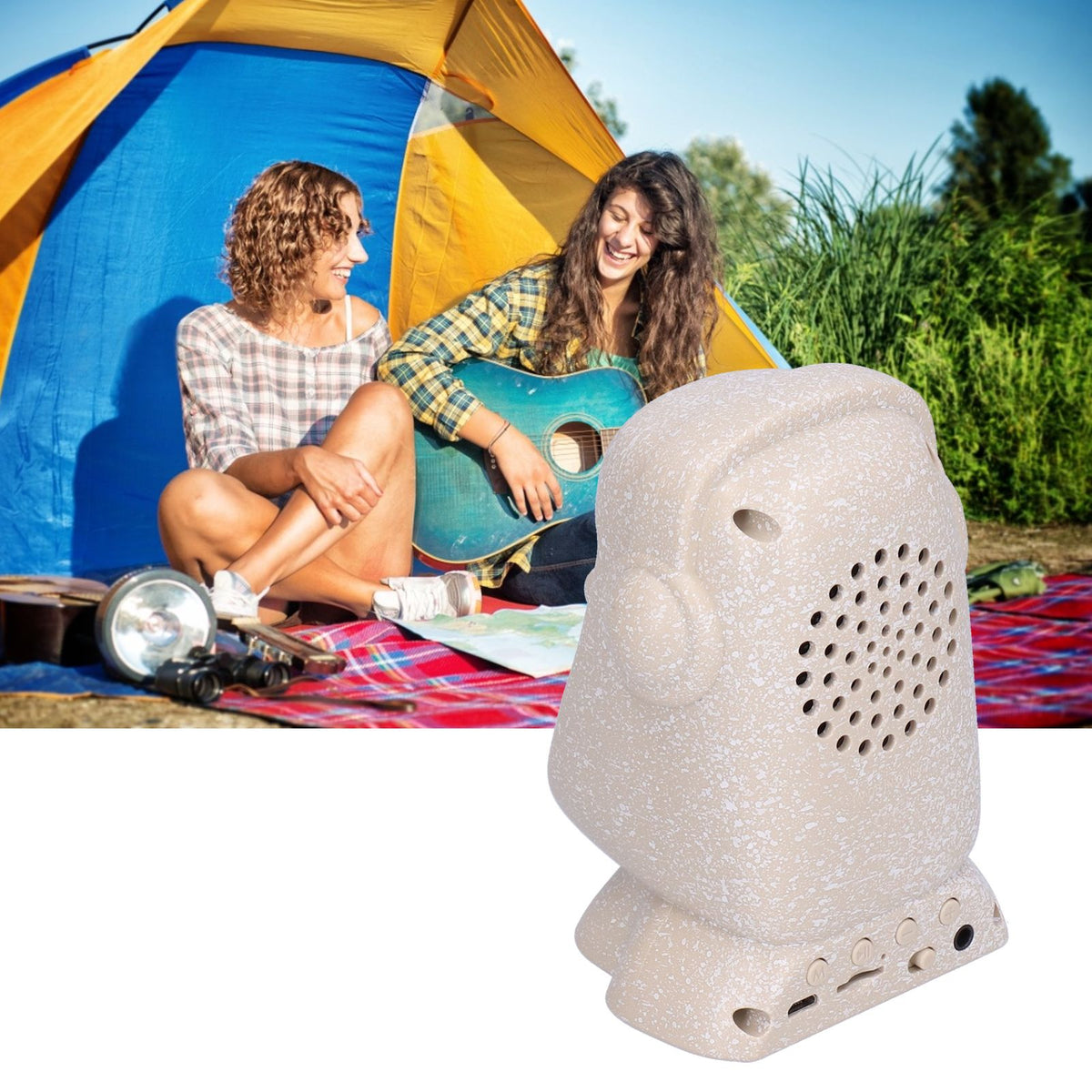 Easter Island stone figure Bluetooth speaker with USB charging, designed for outdoor play, by Everything Baby.