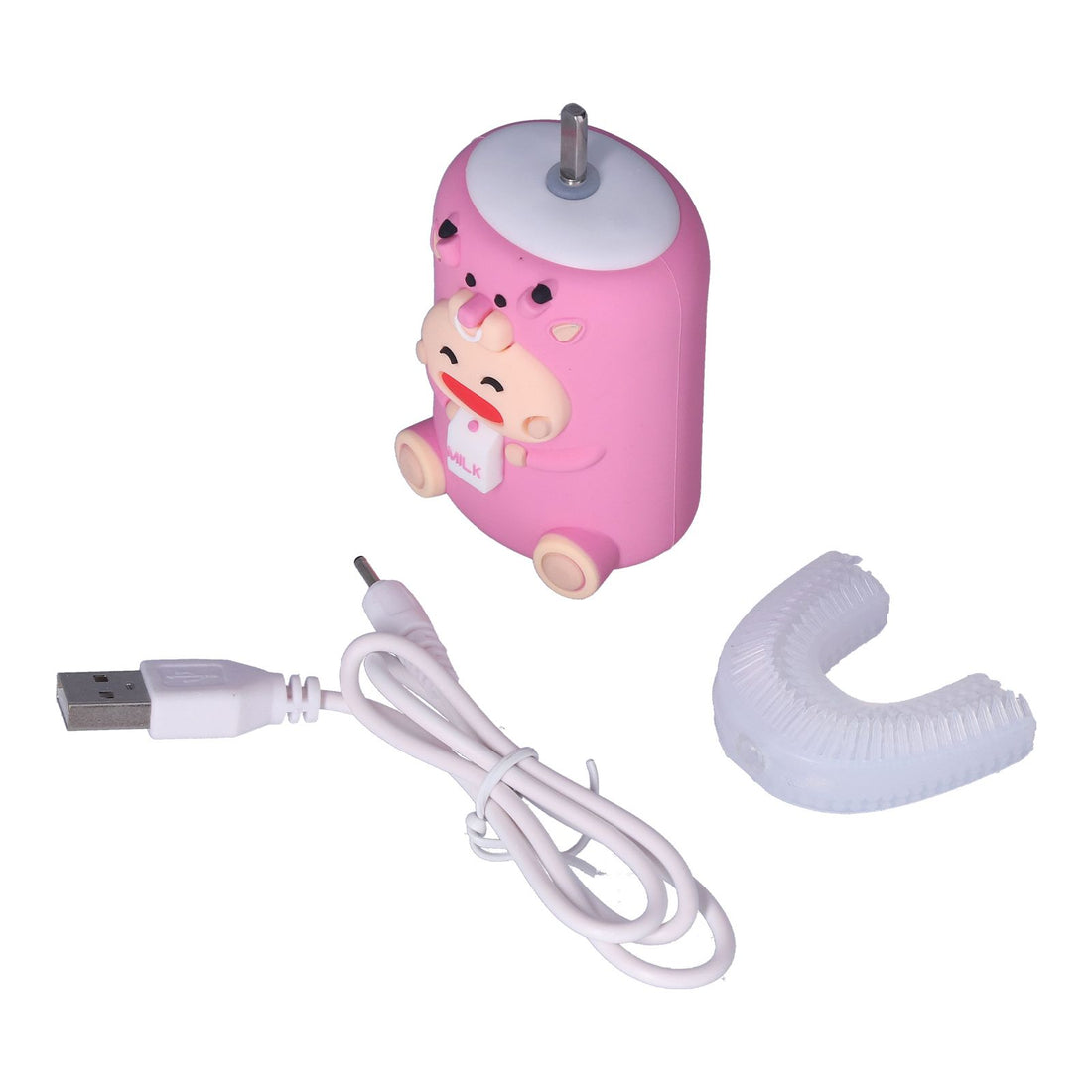Pink automatic children's toothbrush with U-shaped design, waterproof, rechargeable, vibrating electric toothbrush for kids.