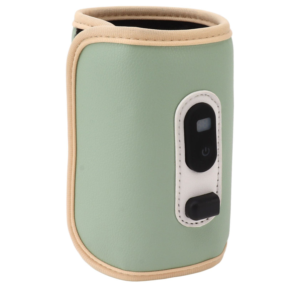 Portable green baby milk bottle warmer with digital display, USB-powered, 5 speed settings for warming breastmilk and formula.