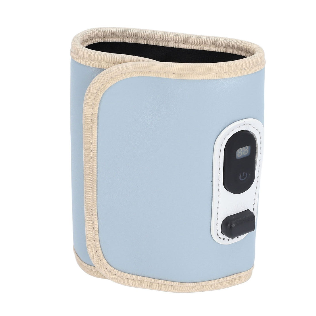 Blue baby bottle insulation cover with adjustable temperature, LED display, USB power, for portable milk heat during travel.