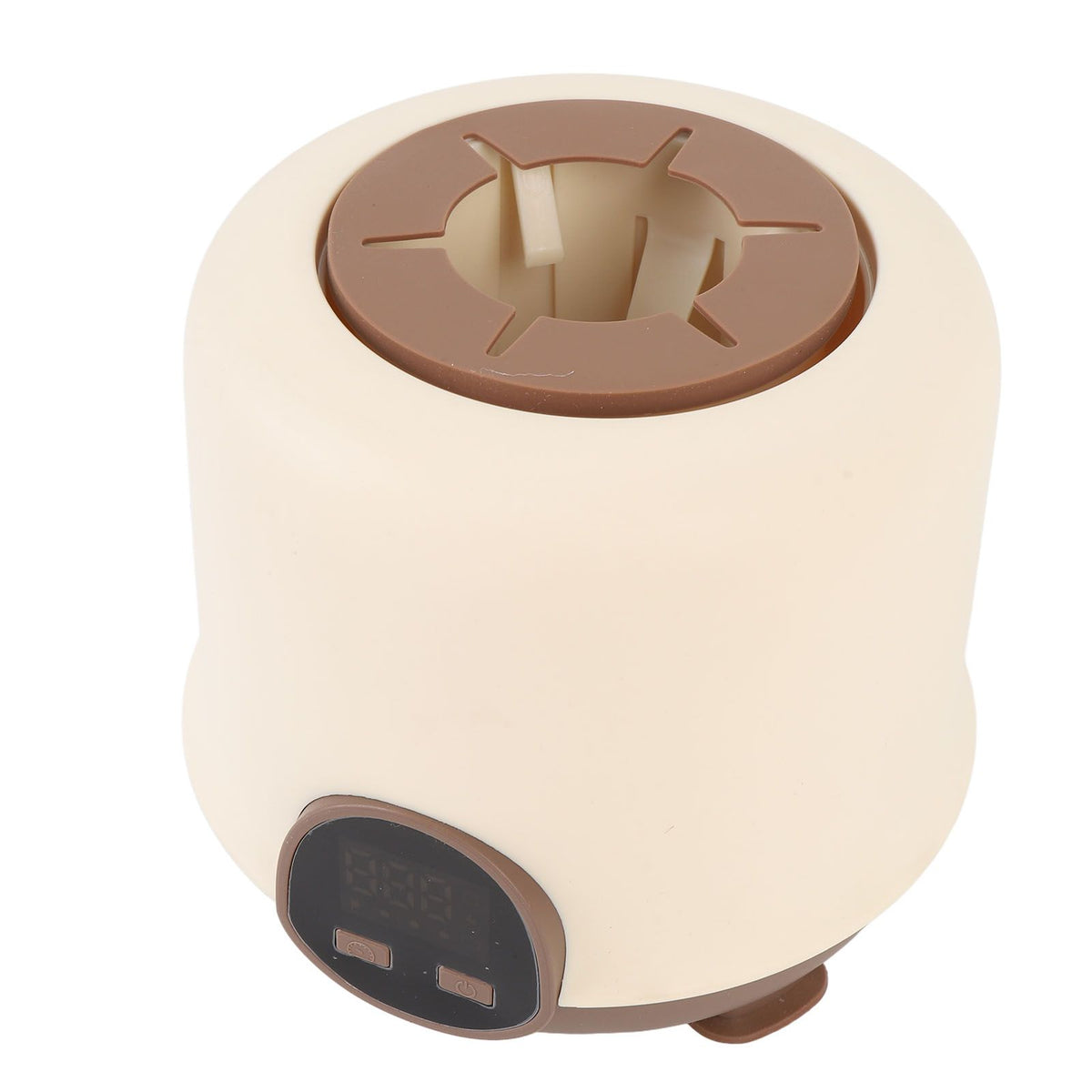 Electric baby formula mixer in brown with digital display, cordless design, low noise operation, suitable for infant feeding.