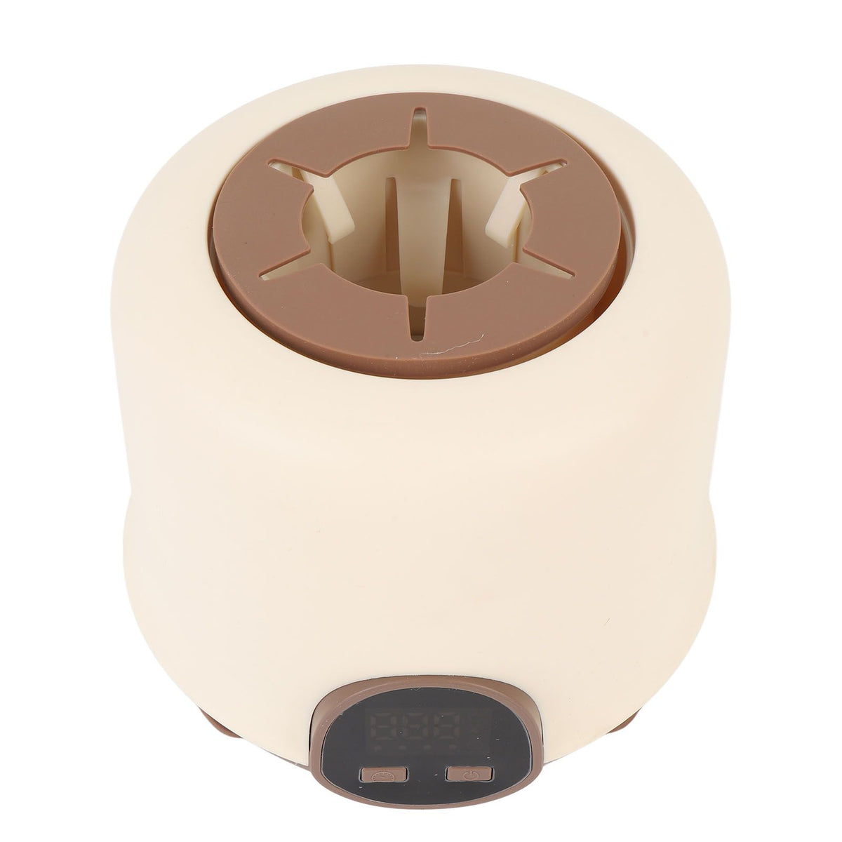 Electric baby formula mixer in brown with digital display, cordless, low noise design for easy infant feeding.