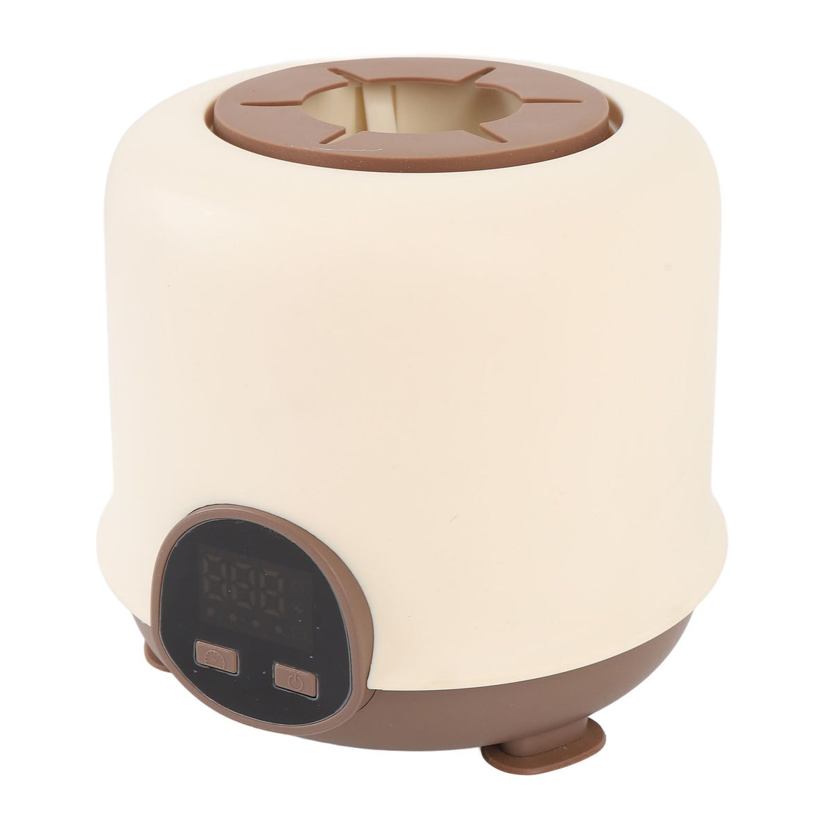 Electric baby formula mixer and milk bottle shaker with digital display, cordless, low noise, in brown for infant feeding.