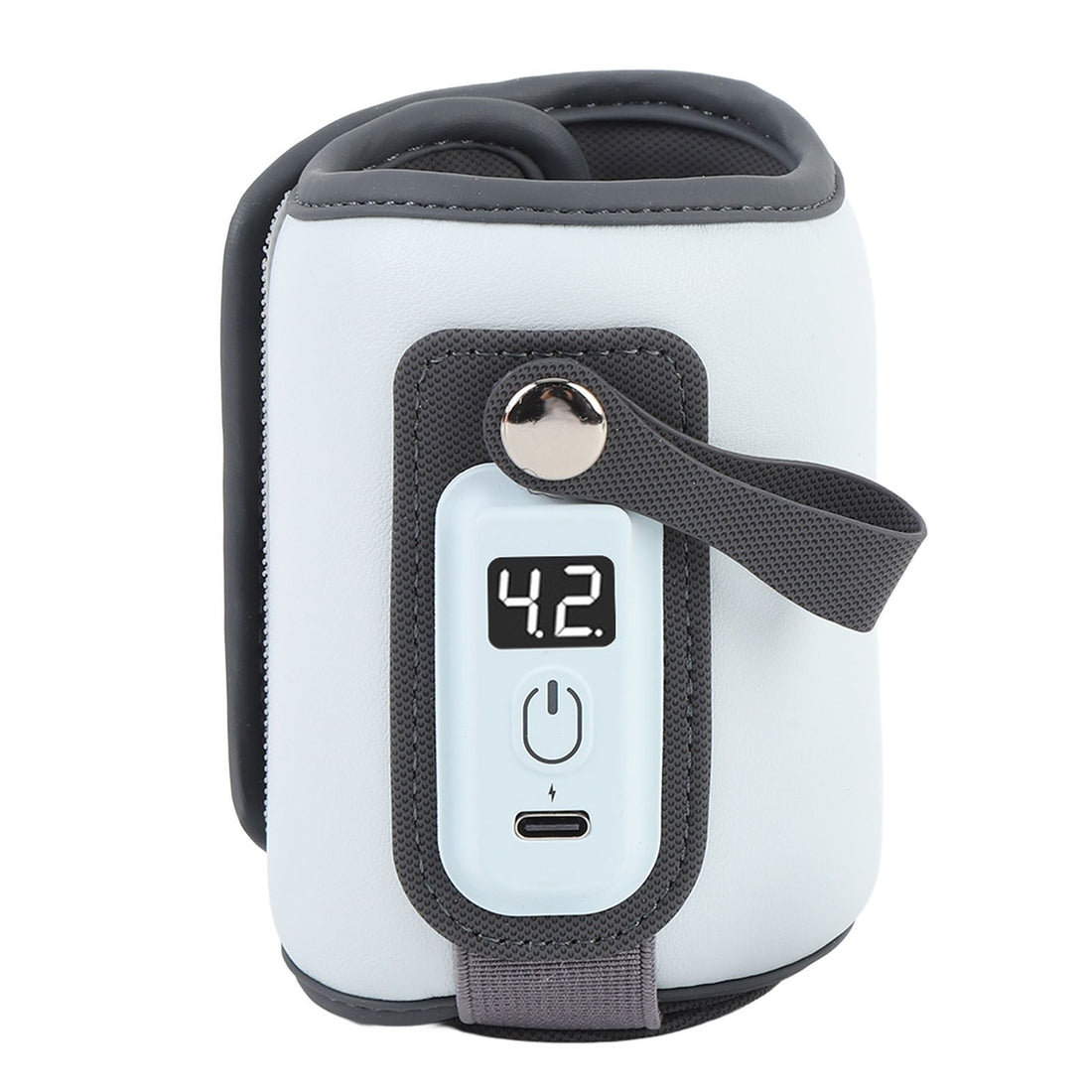 Blue baby milk warmer with LCD display, adjustable temperature settings, portable design, suitable for travel and fast bottle heating.