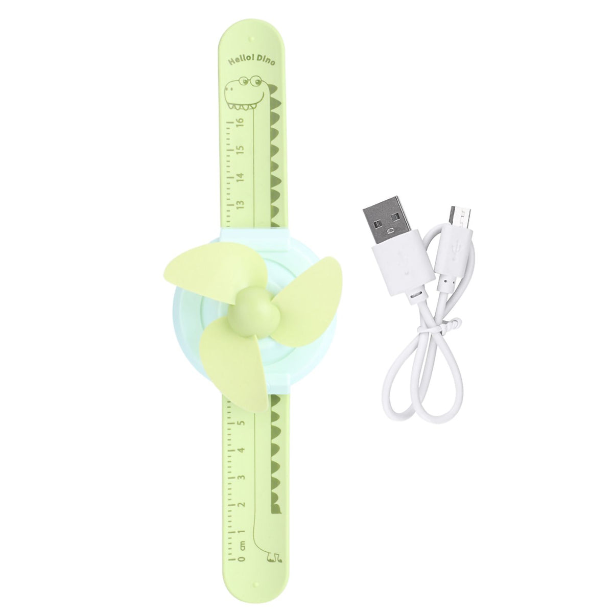 Green cartoon watch-shaped mini kid wrist fan with adjustable strap, USB rechargeable, suitable for children.