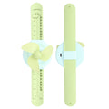 Green cartoon-shaped mini kid wrist fan with adjustable strap, USB charging, and playful design for children.