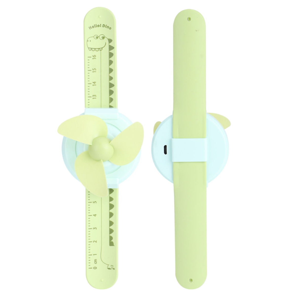 Green cartoon-shaped mini kid wrist fan with adjustable strap, USB charging, and playful design for children.