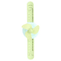 Green cartoon-shaped mini kid wrist fan with adjustable strap, USB charging, from Everything Baby, designed for children.