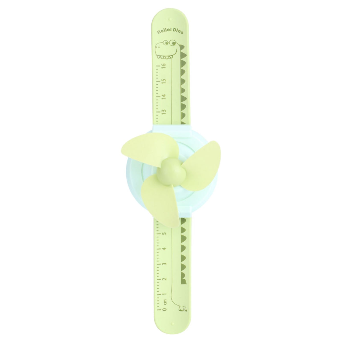 Green cartoon-shaped mini kid wrist fan with adjustable strap, USB charging, from Everything Baby, designed for children.