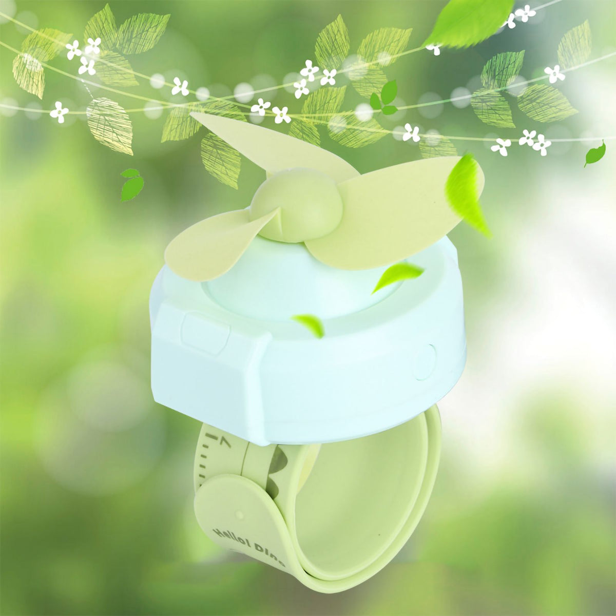 Green cartoon watch-shaped mini kid wrist fan with adjustable strap, USB rechargeable, designed for children.