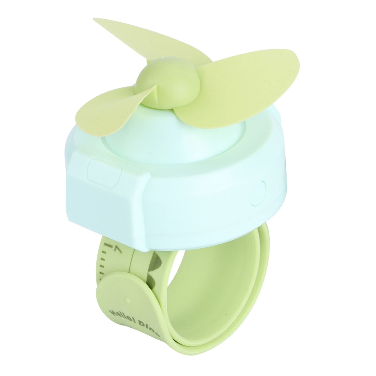 Green cartoon-shaped mini kid wrist fan with adjustable strap, USB charging, from Everything Baby, designed for children’s play and comfort.